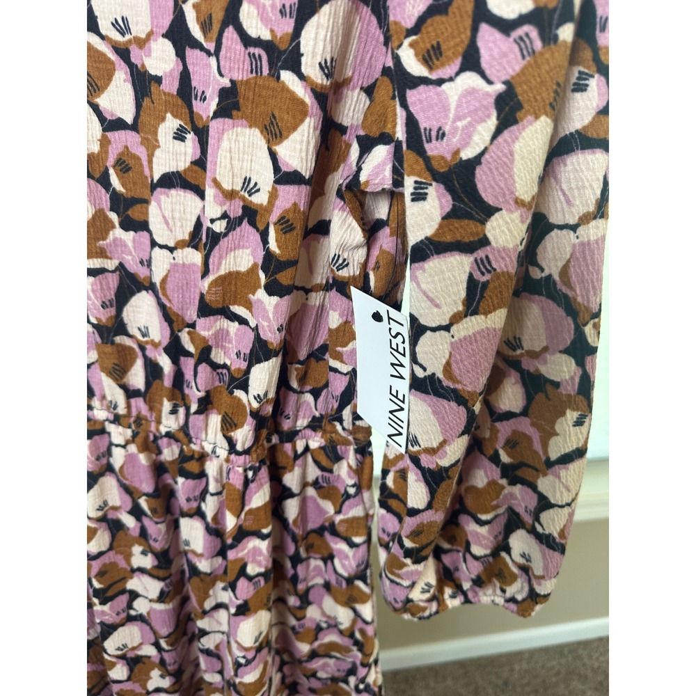 Nine West Dress Medium Brown Pink Floral Print Long Sleeve V Neck NEW - Picture 7 of 10